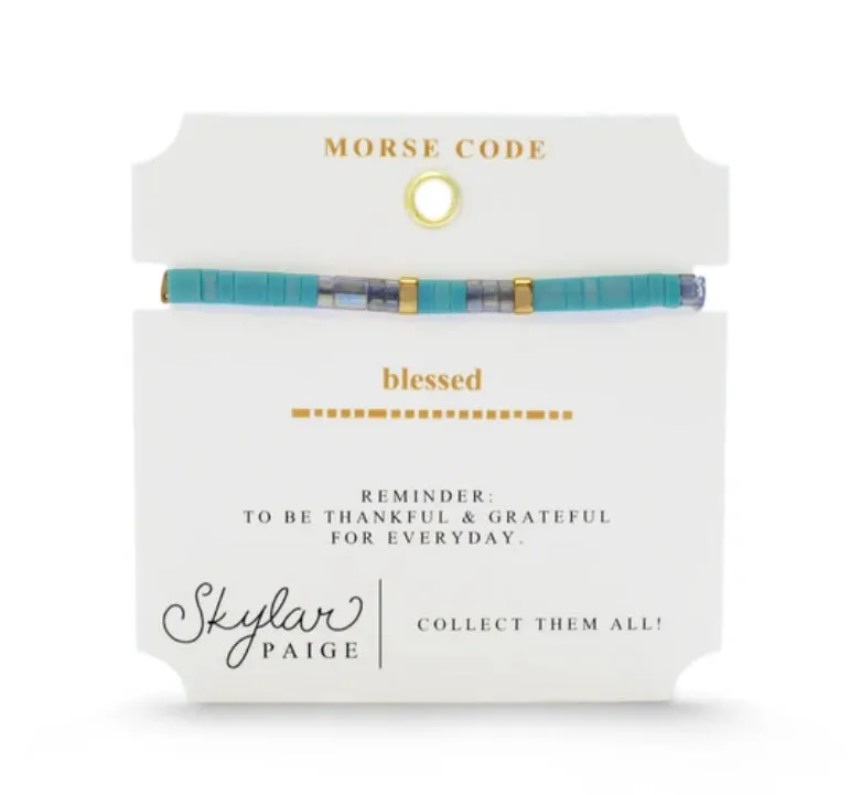 - BLESSED - Morse Code Tila Beaded Bracelet - Treasured Teal