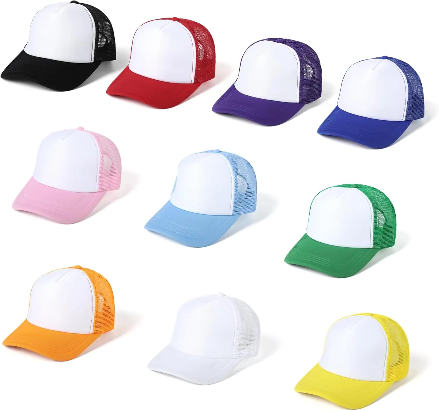 10 PCS Sublimation Blank Trucker Hats, Plain Trucker Cap Foam Front High Crown Mesh Back Trucker Hat, DIY Custom Baseball Caps Bulk Adjustable Snapback for Men Women