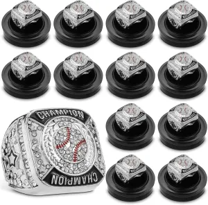 12 Pcs Baseball Championship Rings Ball Games Championship Trophy Rings Sport Ball Award Gift with Display Neck Chain and Stand for Tournament or League Champion Winner