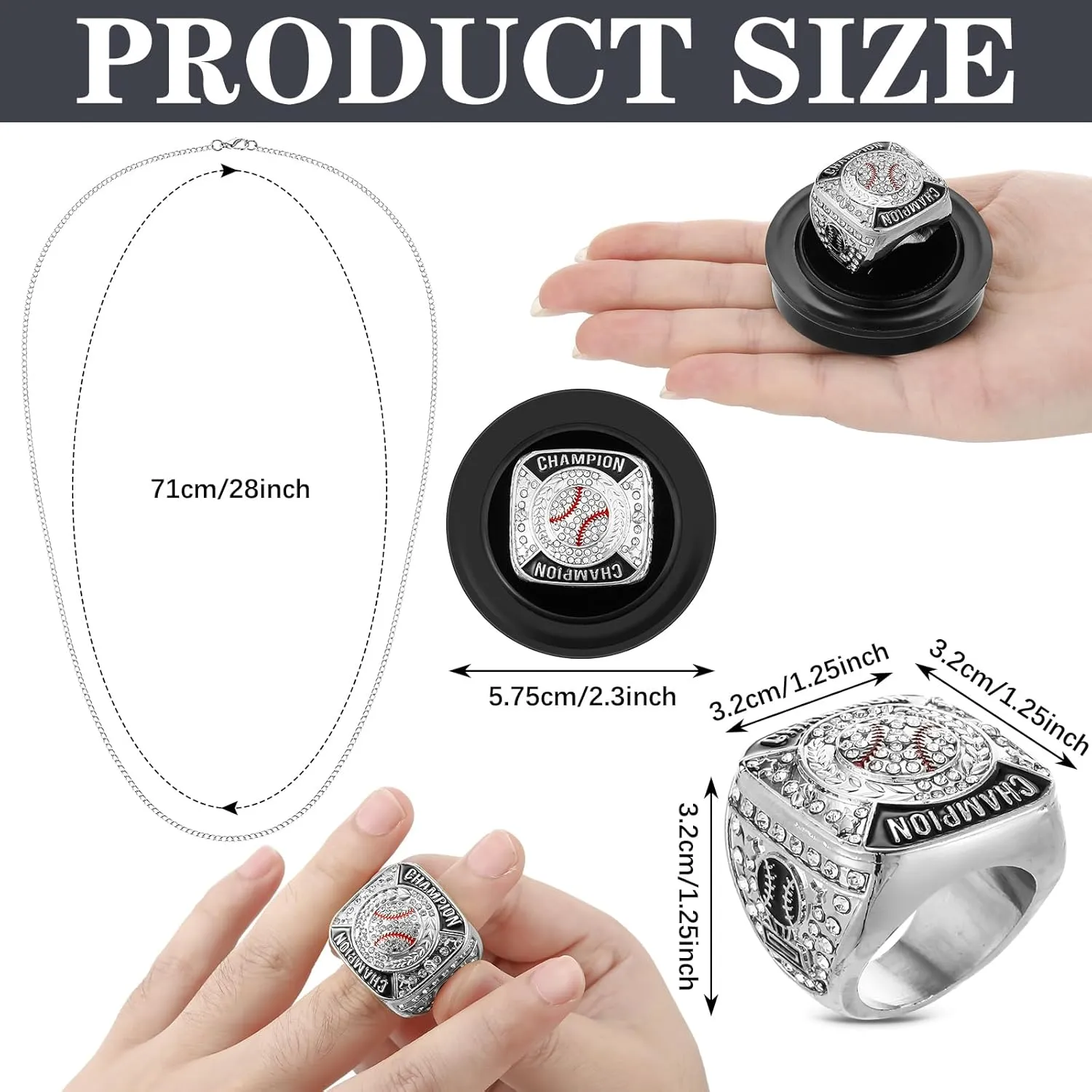 12 Pcs Baseball Championship Rings Ball Games Championship Trophy Rings Sport Ball Award Gift with Display Neck Chain and Stand for Tournament or League Champion Winner