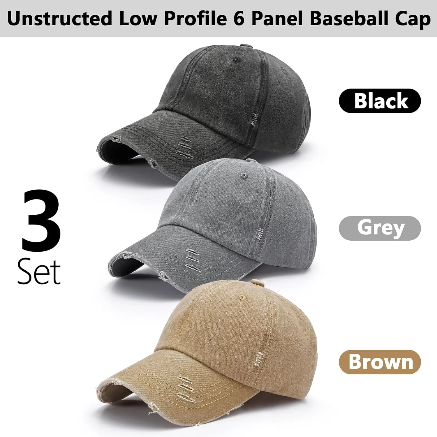 3 Pack Washed Plain Baseball Cap Vintage Distressed Low Profile Cotton Dad Hat Adjustable for Women Men