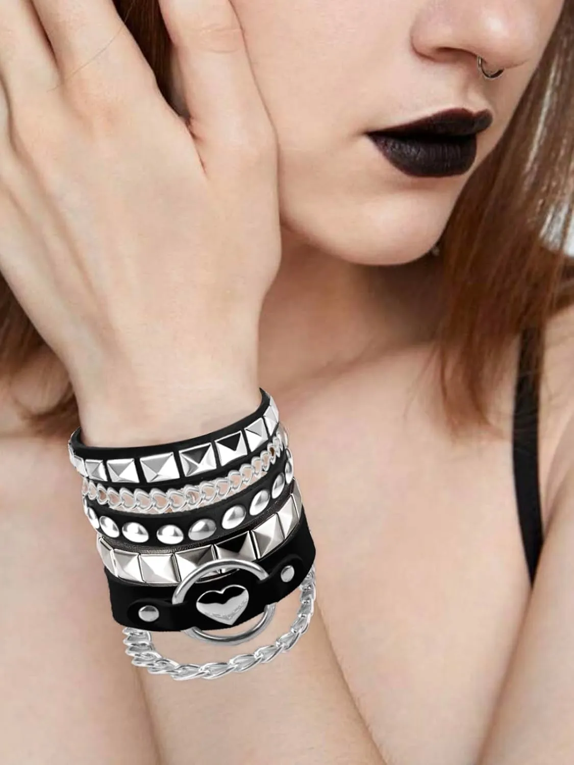 3Pcs Soft Leather Bracelets with Heart/Pyramid/Chain, Emo Punk Wrap Wrist Cuffs Jewelry Accessories Gothic Gift for Vintage Women