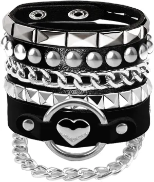 3Pcs Soft Leather Bracelets with Heart/Pyramid/Chain, Emo Punk Wrap Wrist Cuffs Jewelry Accessories Gothic Gift for Vintage Women