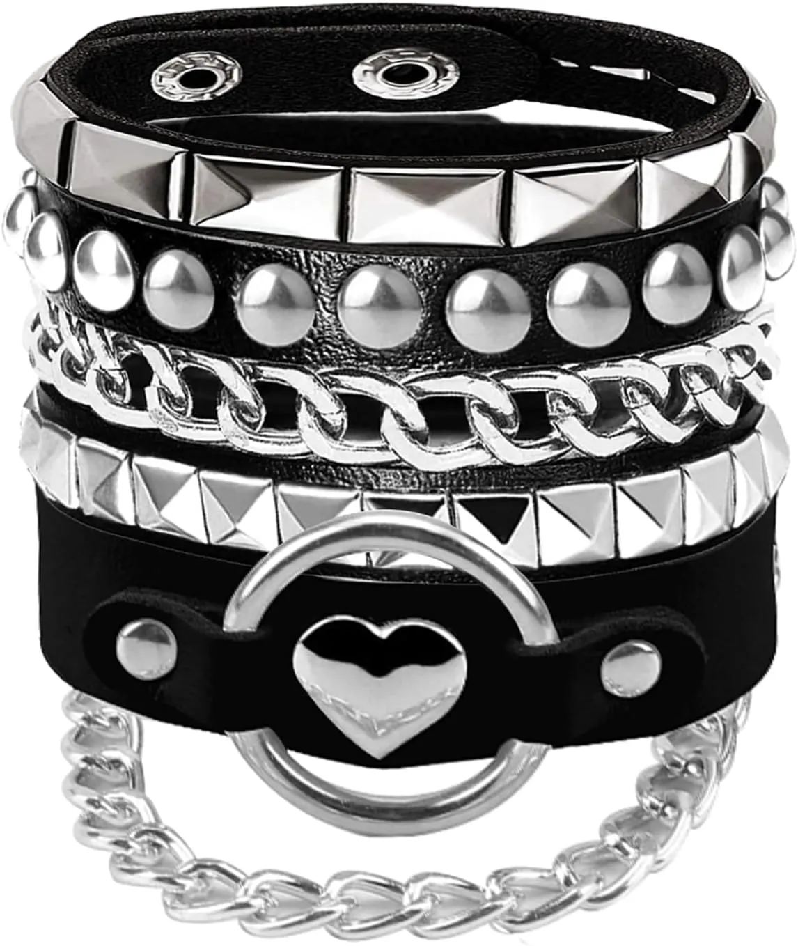 3Pcs Soft Leather Bracelets with Heart/Pyramid/Chain, Emo Punk Wrap Wrist Cuffs Jewelry Accessories Gothic Gift for Vintage Women
