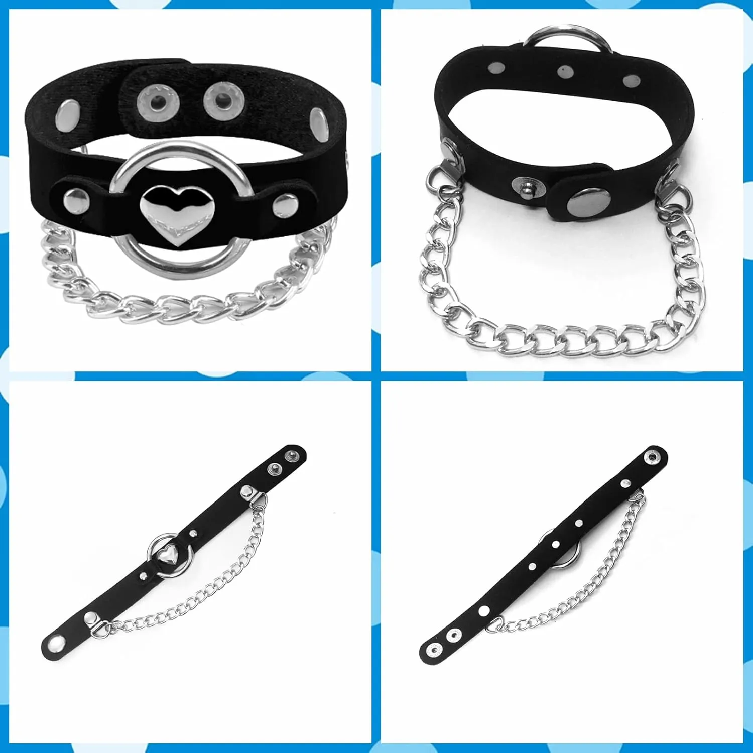 3Pcs Soft Leather Bracelets with Heart/Pyramid/Chain, Emo Punk Wrap Wrist Cuffs Jewelry Accessories Gothic Gift for Vintage Women