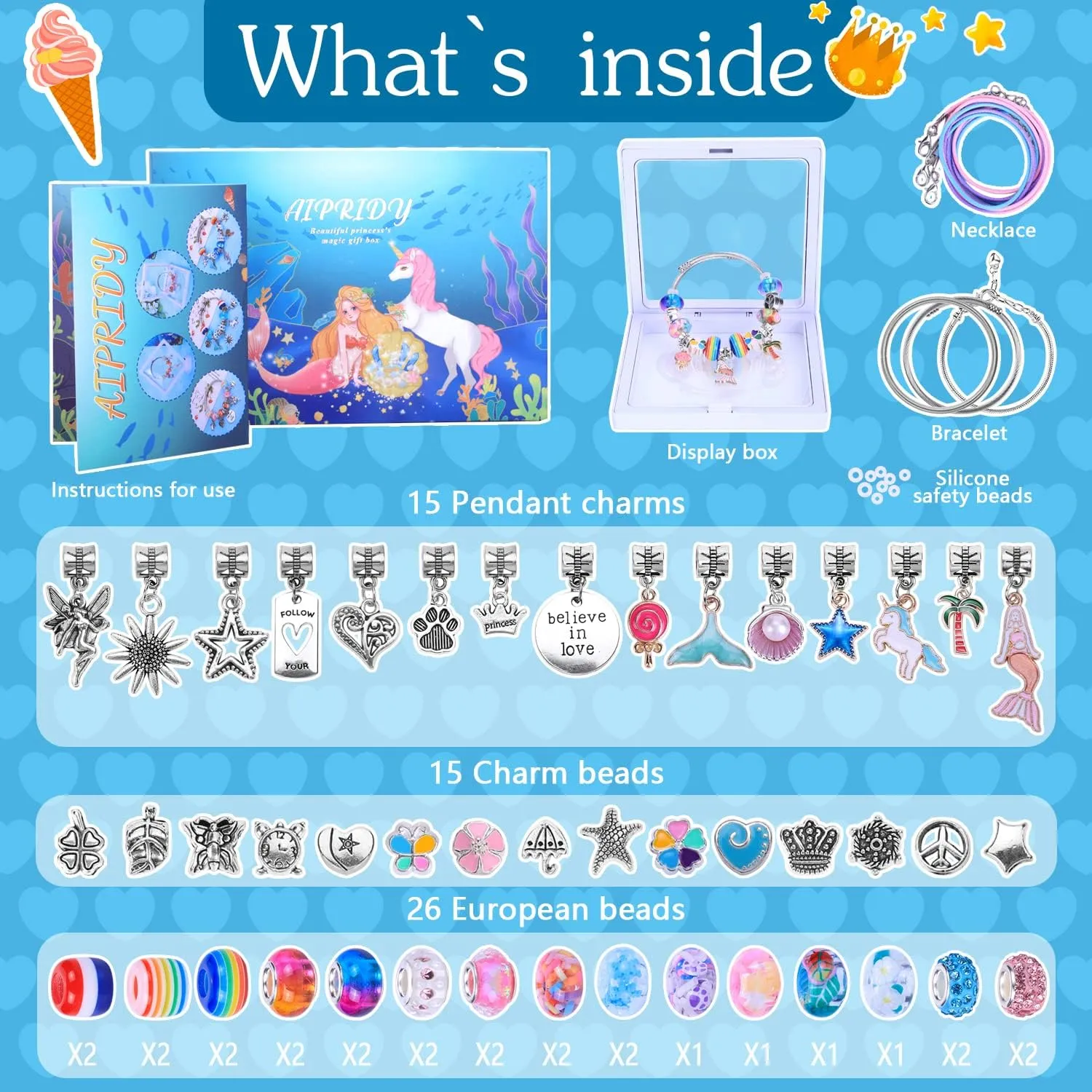 AIPRIDY Charm Bracelet Making Kit,Unicorn Mermaid Crafts Gifts Set Can Inspires Imagination and Creativity,Jewelry Making Kit Perfect Gifts for Girls 5-12 Years Old(72 Pieces Mermaid Aqua)