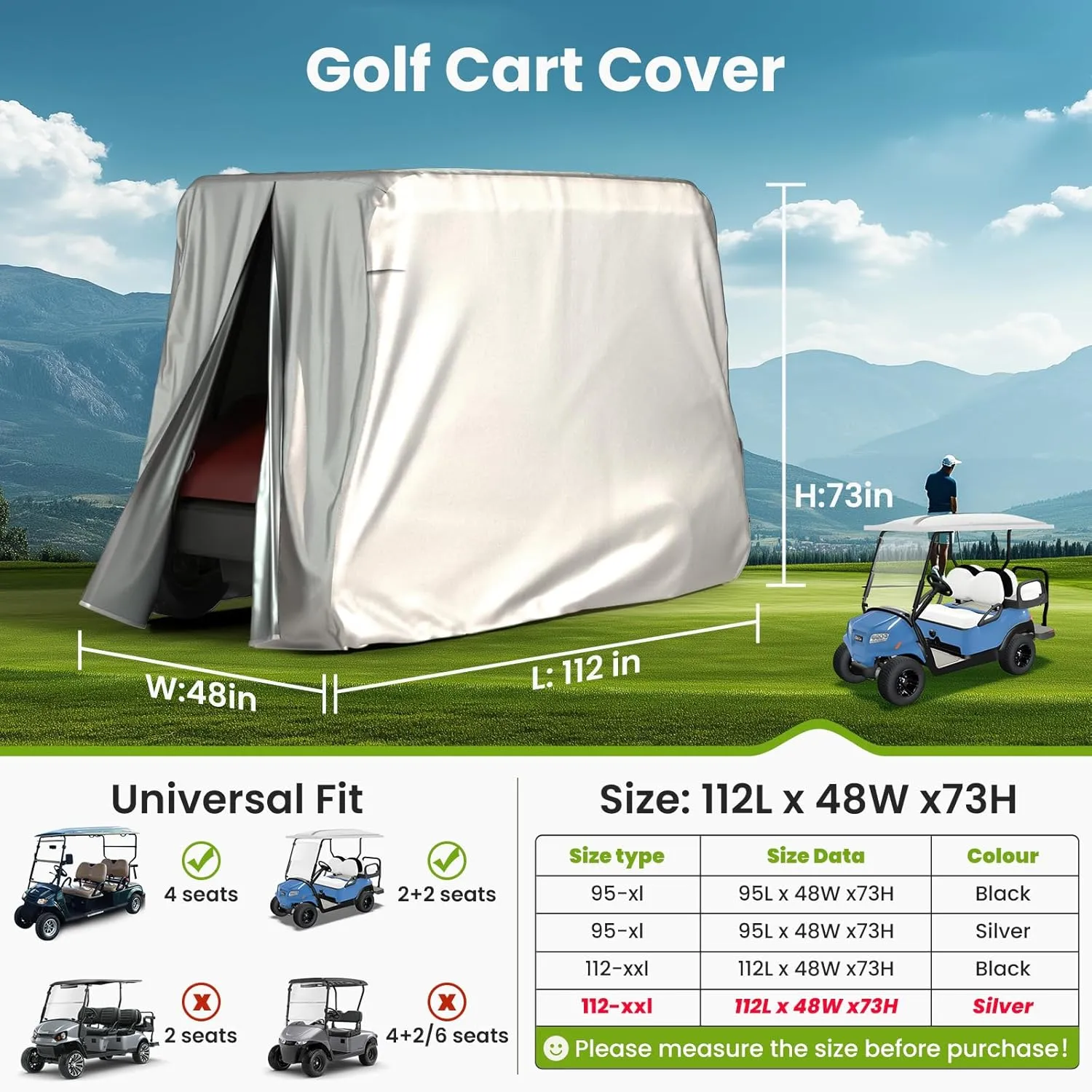 BENVOL 2/4 Passenger Golf Cart Cover for Yamaha EZGO Club Car, 420T Waterproof Polyester with Silver Coating,Waterproof,Dustproof,Windproof,SunproofAll-Weather Protection (Silver-112 * 48 * 73 in)