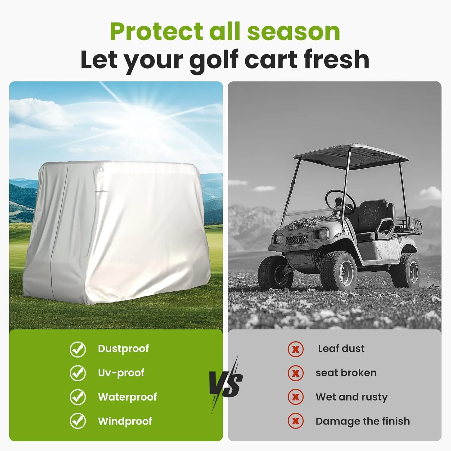 BENVOL 2/4 Passenger Golf Cart Cover for Yamaha EZGO Club Car, 420T Waterproof Polyester with Silver Coating,Waterproof,Dustproof,Windproof,SunproofAll-Weather Protection (Silver-112 * 48 * 73 in)