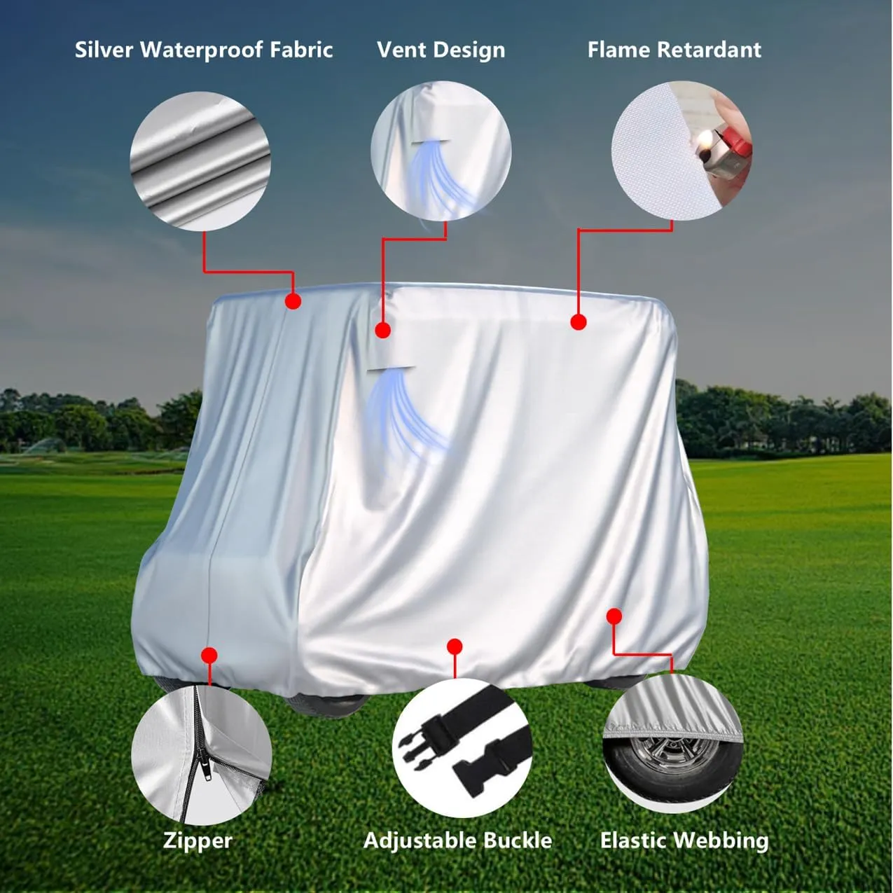 BENVOL 2/4 Passenger Golf Cart Cover for Yamaha EZGO Club Car, 420T Waterproof Polyester with Silver Coating,Waterproof,Dustproof,Windproof,SunproofAll-Weather Protection (Silver-112 * 48 * 73 in)