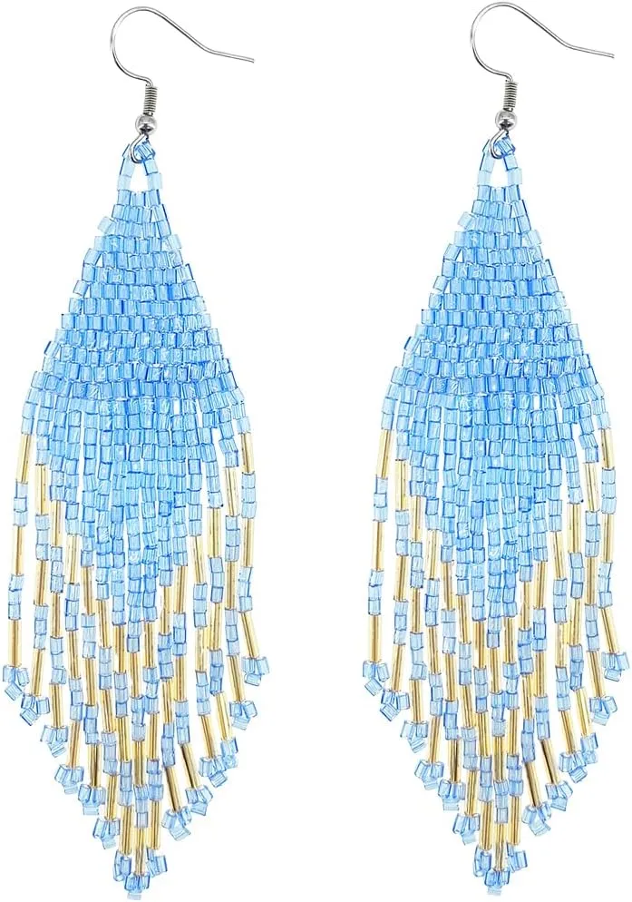 Bohemian Beaded Tassel Drop Earrings, Boho Long Big Large Seed Bead Beaded Dangle Earrings for Women