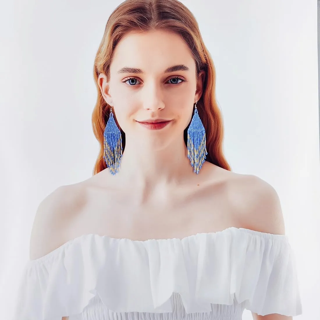 Bohemian Beaded Tassel Drop Earrings, Boho Long Big Large Seed Bead Beaded Dangle Earrings for Women