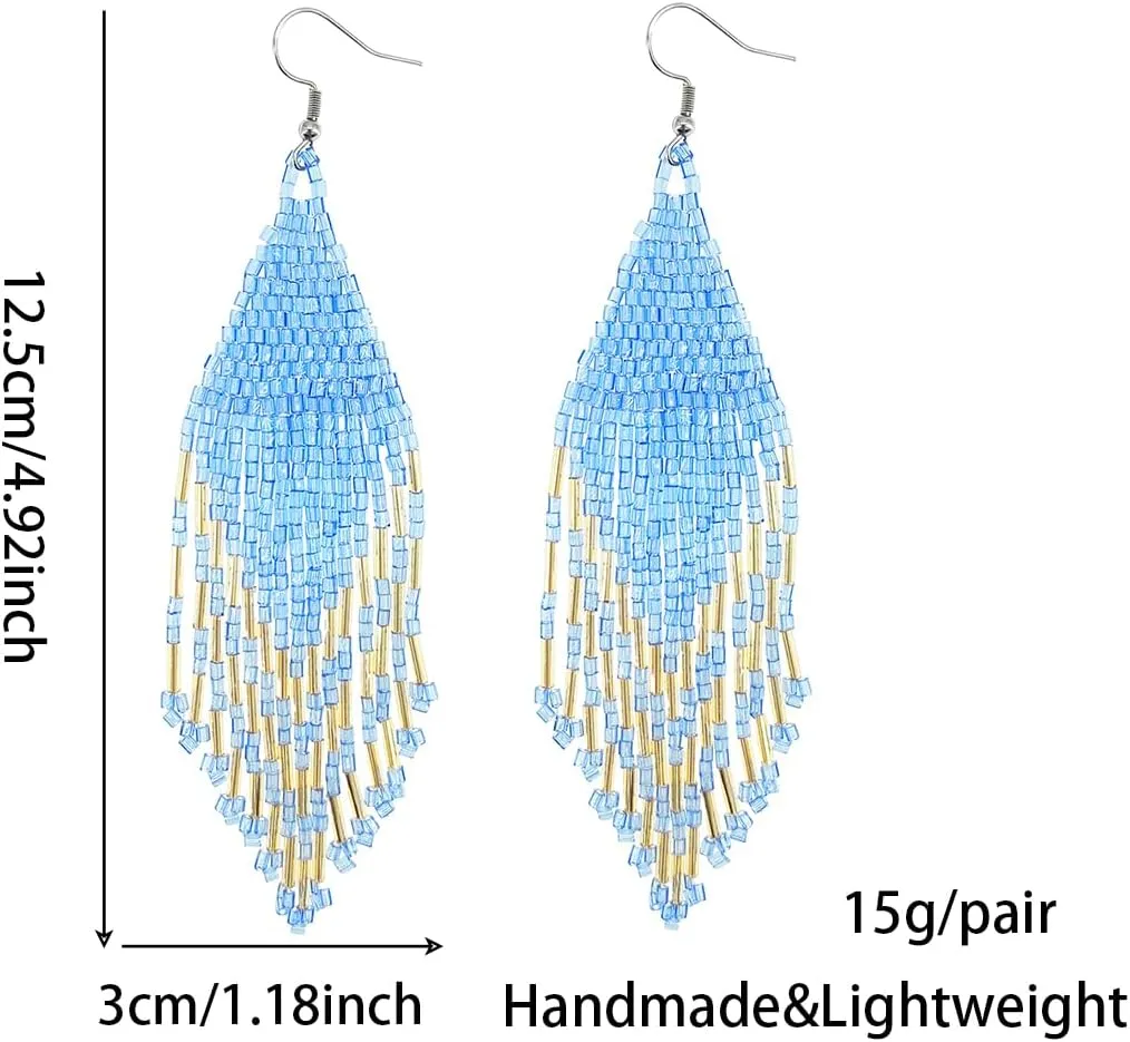 Bohemian Beaded Tassel Drop Earrings, Boho Long Big Large Seed Bead Beaded Dangle Earrings for Women