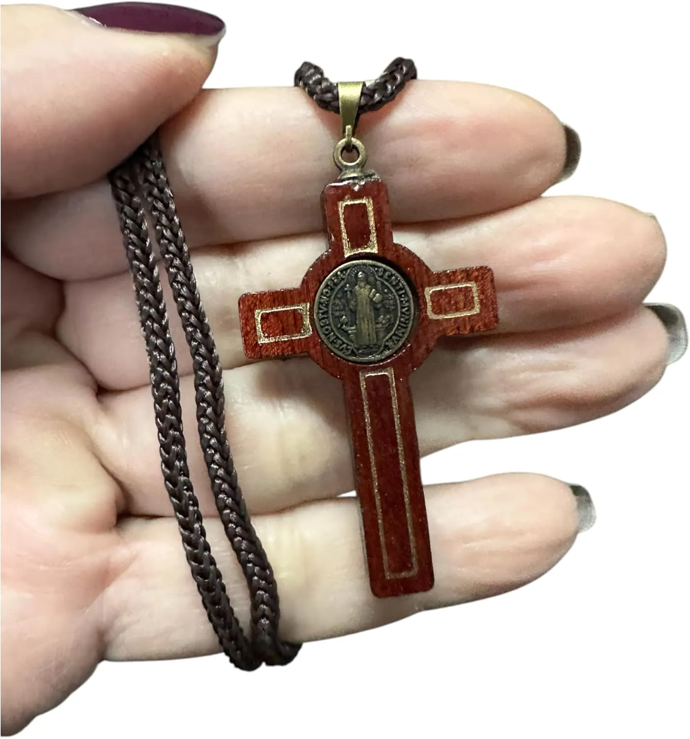 Catholica Shop Saint Benedict Medal Wood Crucifix Cord Necklace for Men & Women ?C Handcrafted Religious Pendant, Healing, Travel Protection, Perfect for Gifting on Special Occasions, Made in Brazil