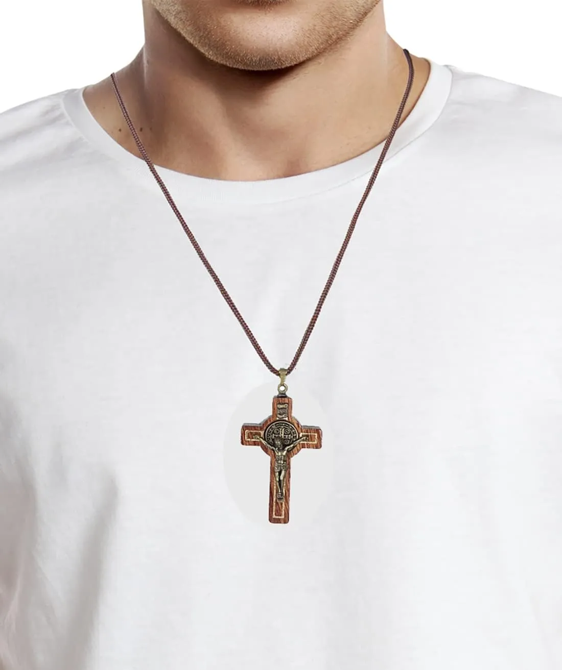 Catholica Shop Saint Benedict Medal Wood Crucifix Cord Necklace for Men & Women ?C Handcrafted Religious Pendant, Healing, Travel Protection, Perfect for Gifting on Special Occasions, Made in Brazil