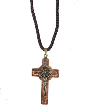 Catholica Shop Saint Benedict Medal Wood Crucifix Cord Necklace for Men & Women ?C Handcrafted Religious Pendant, Healing, Travel Protection, Perfect for Gifting on Special Occasions, Made in Brazil