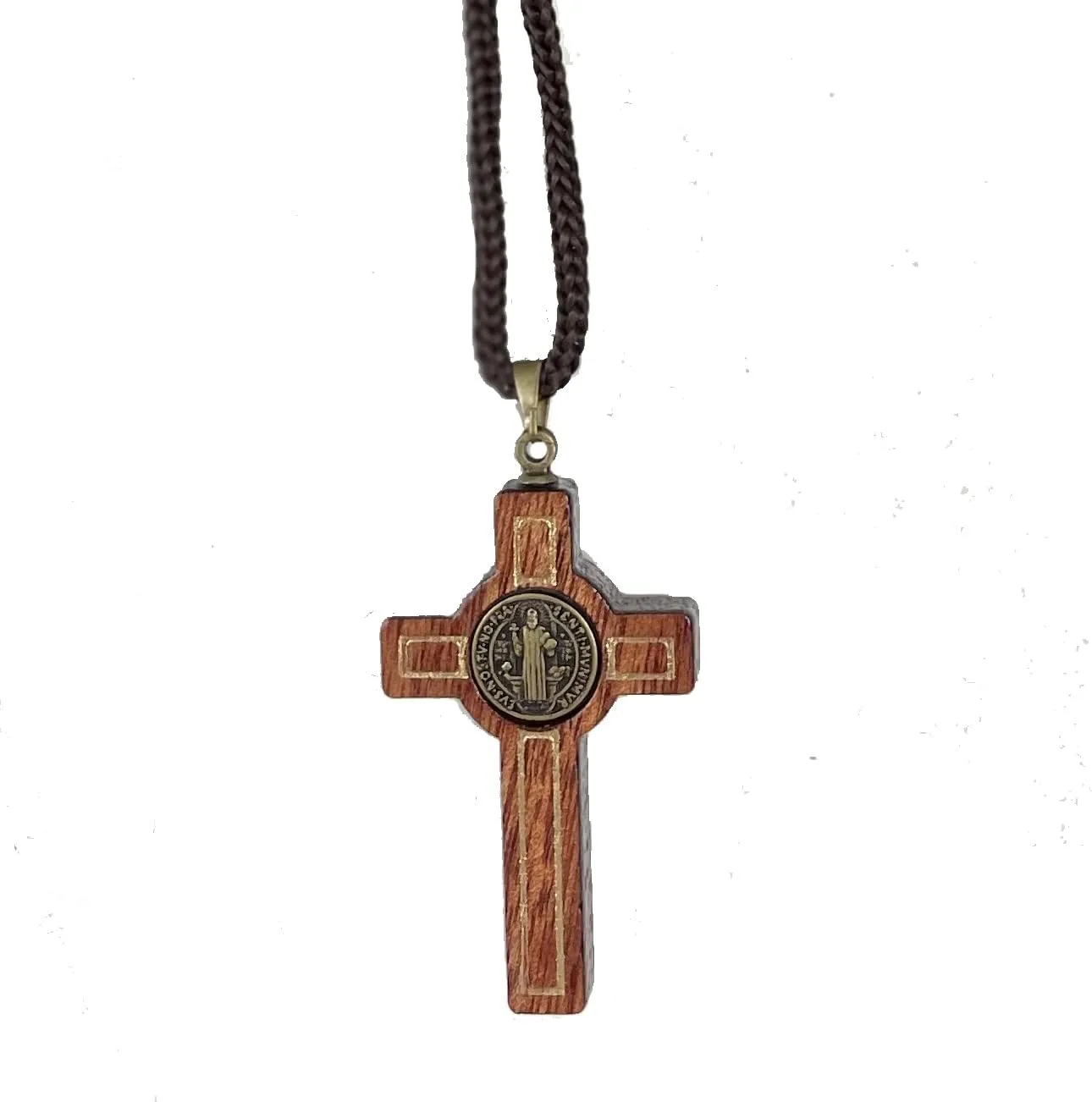 Catholica Shop Saint Benedict Medal Wood Crucifix Cord Necklace for Men & Women ?C Handcrafted Religious Pendant, Healing, Travel Protection, Perfect for Gifting on Special Occasions, Made in Brazil