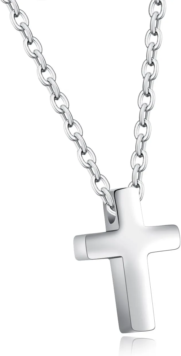 Children Stainless Steel Small Cross Pendant Necklace Security Hypoallergenic, 16" Chain