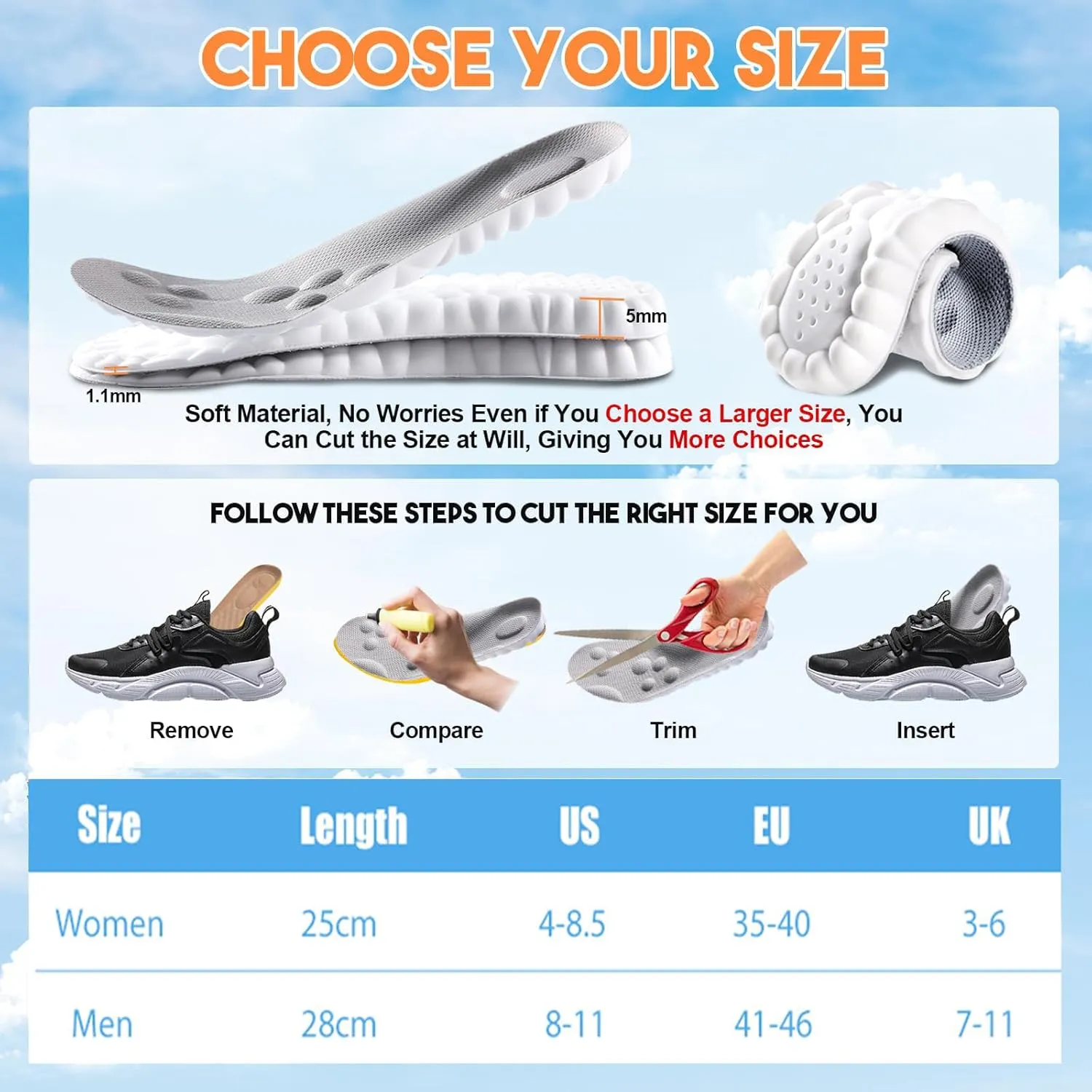 Cloud 4D Orthopedic Insoles for Men & Women - Plantar Fasciitis, Sports Shoes, Anti Fatigue, Shock Absorption, Foot Pain Relief (Gray, 8-11)