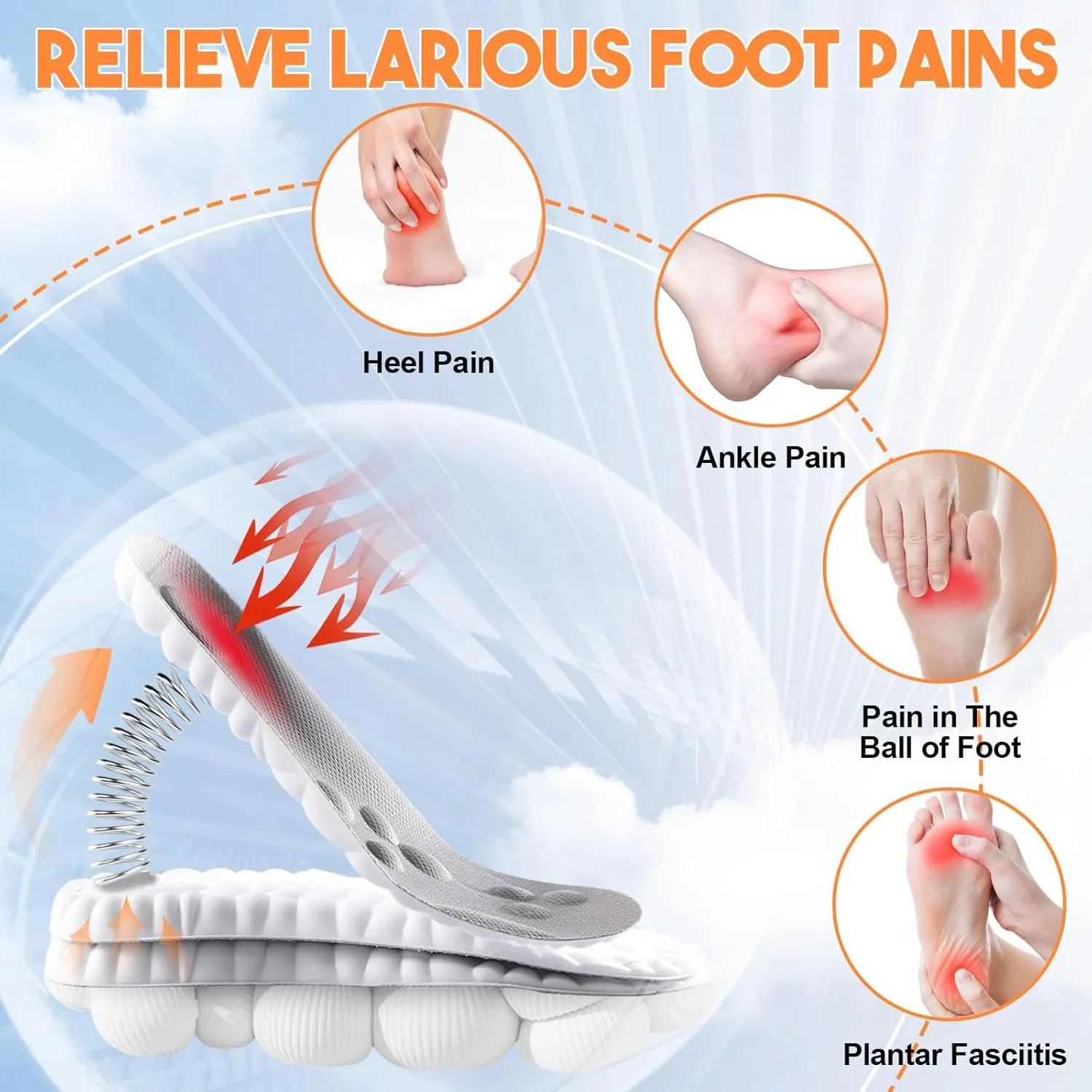 Cloud 4D Orthopedic Insoles for Men & Women - Plantar Fasciitis, Sports Shoes, Anti Fatigue, Shock Absorption, Foot Pain Relief (Gray, 8-11)