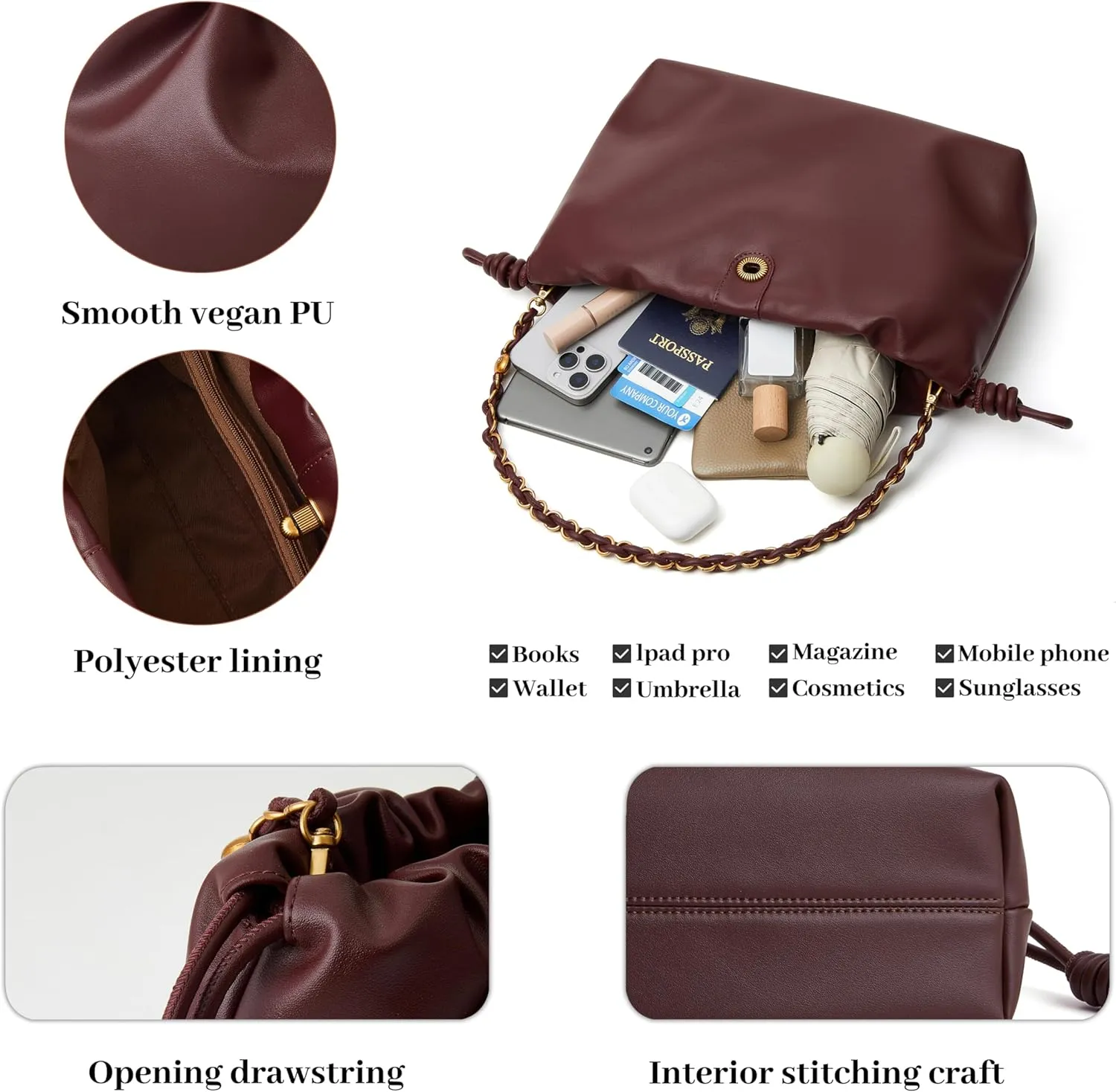Drawstring Hobo Purse for Women Trendy Bucket Shoulder Bag With Top Chain Handle And Long Crossbody Strap