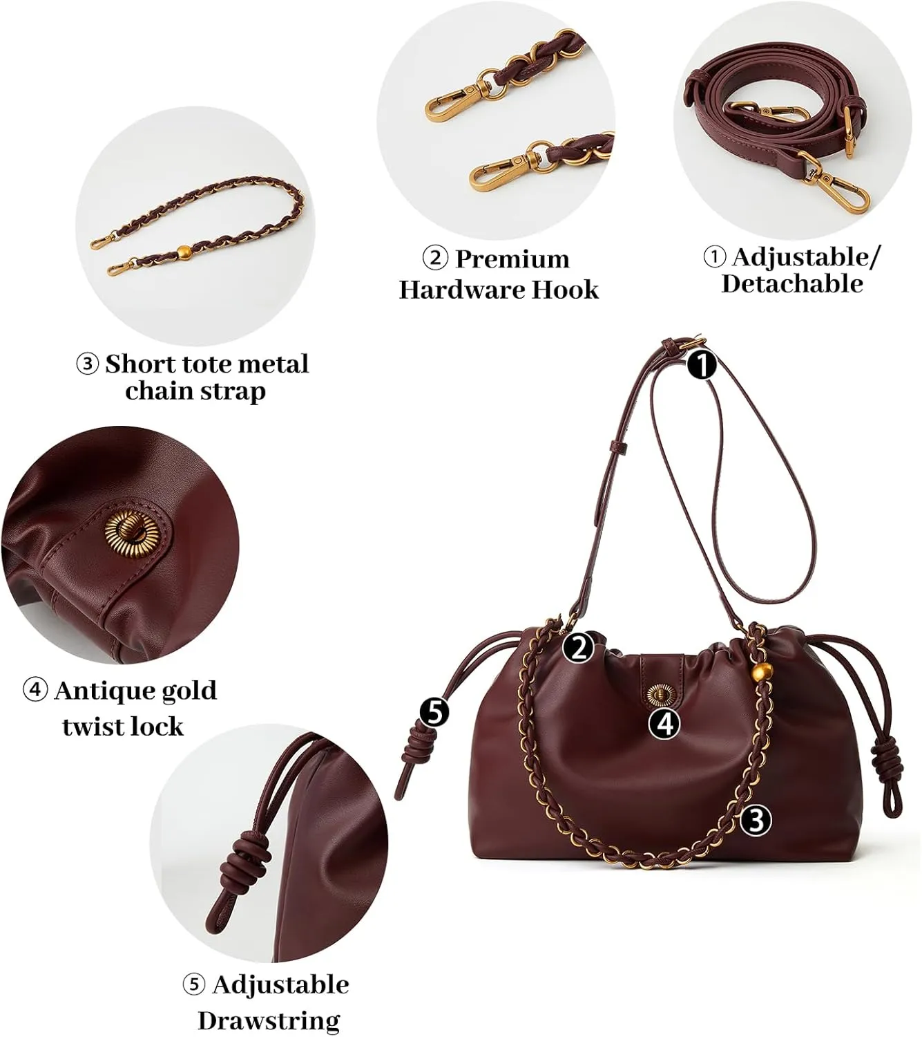 Drawstring Hobo Purse for Women Trendy Bucket Shoulder Bag With Top Chain Handle And Long Crossbody Strap