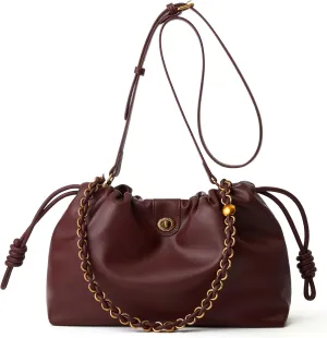 Drawstring Hobo Purse for Women Trendy Bucket Shoulder Bag With Top Chain Handle And Long Crossbody Strap