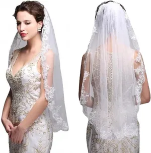 Dreamyn Women's Wedding Veil: Short White Lace Embroidered Fingertip Bridal Veil - Perfect for Brides