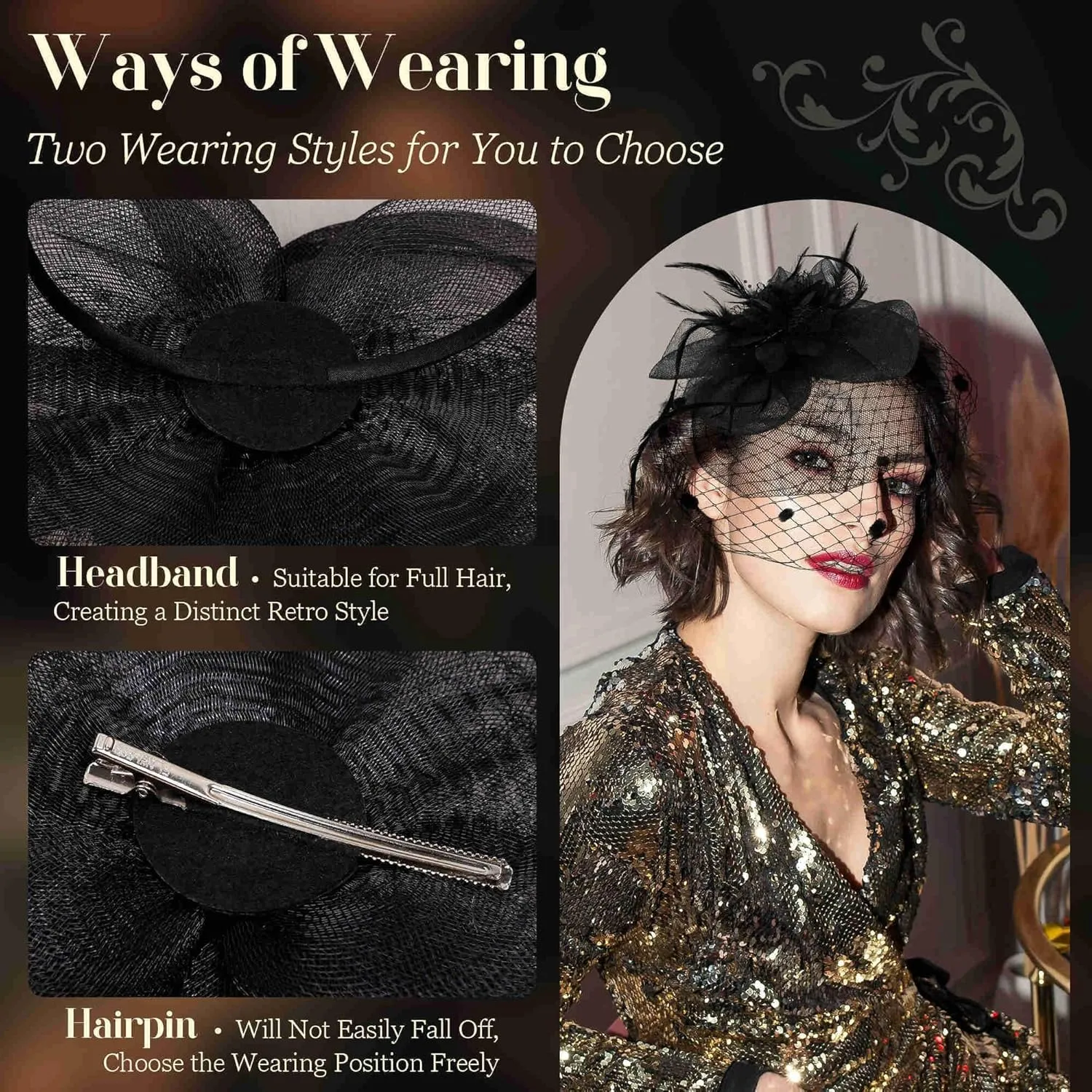 Fascinators Hats for Women Tea Party Hat Feather Mesh Headband Vintage Lace Cocktail Headwear Veil Hair Clip Church