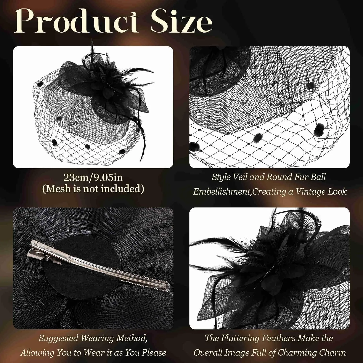 Fascinators Hats for Women Tea Party Hat Feather Mesh Headband Vintage Lace Cocktail Headwear Veil Hair Clip Church