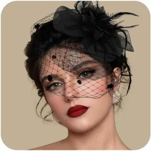Fascinators Hats for Women Tea Party Hat Feather Mesh Headband Vintage Lace Cocktail Headwear Veil Hair Clip Church