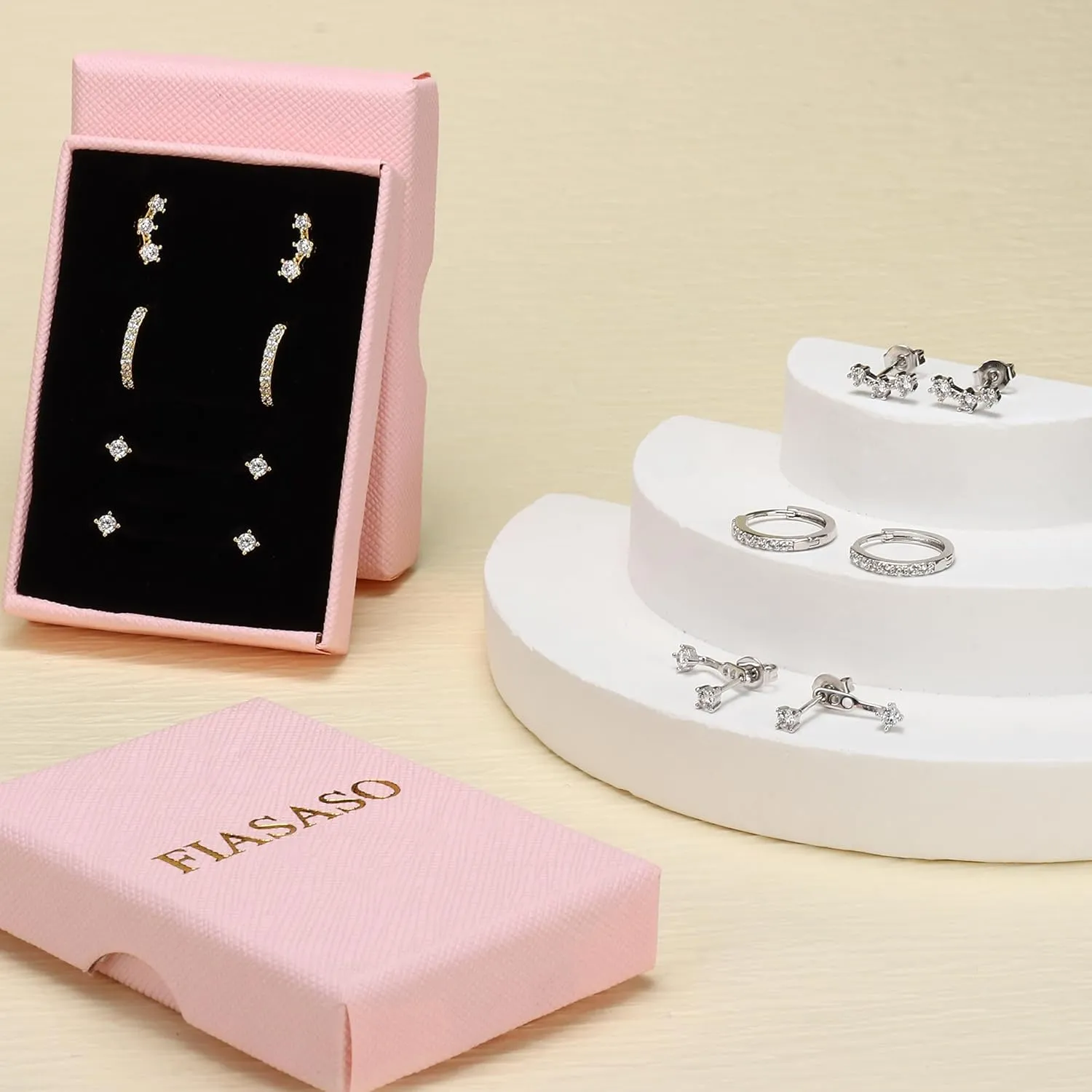 FIASASO 3 Pairs 925 Sterling Silver Hypoallergenic Earrings Set for Multiple Piercing Dainty 14K Gold Plated Stud Huggie Small Hoop Earrings for Women Trendy Cute Earring Stacks for Sensitive Ears