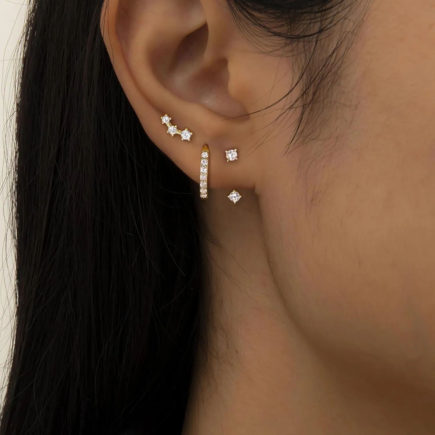 FIASASO 3 Pairs 925 Sterling Silver Hypoallergenic Earrings Set for Multiple Piercing Dainty 14K Gold Plated Stud Huggie Small Hoop Earrings for Women Trendy Cute Earring Stacks for Sensitive Ears
