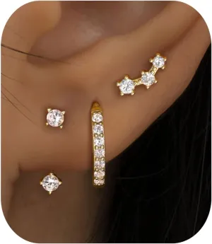 FIASASO 3 Pairs 925 Sterling Silver Hypoallergenic Earrings Set for Multiple Piercing Dainty 14K Gold Plated Stud Huggie Small Hoop Earrings for Women Trendy Cute Earring Stacks for Sensitive Ears