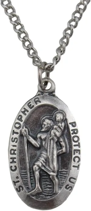 Fine Oxidized Silver Tone St Christopher 1-3/8-inch Medal on 24-inch genuine rhodium-plated chain with Gift Box (SO8747)