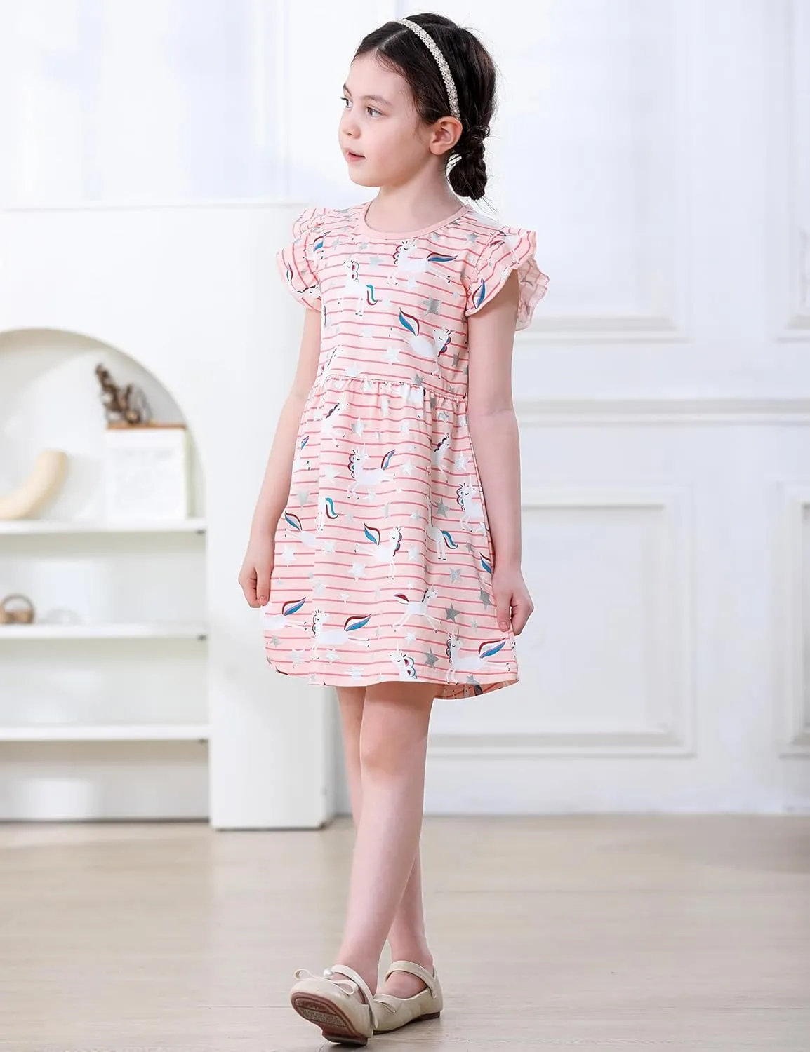 Hongshilian Toddler Girls Casual Cotton Dress Cartoon Appliques Short Sleeve Summer Playwear Dresses