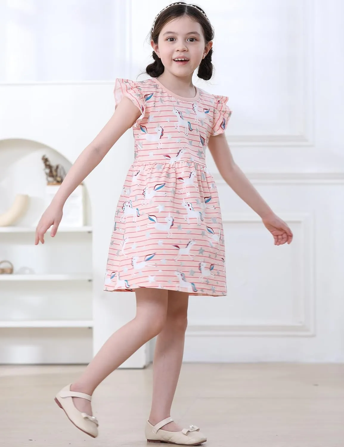 Hongshilian Toddler Girls Casual Cotton Dress Cartoon Appliques Short Sleeve Summer Playwear Dresses