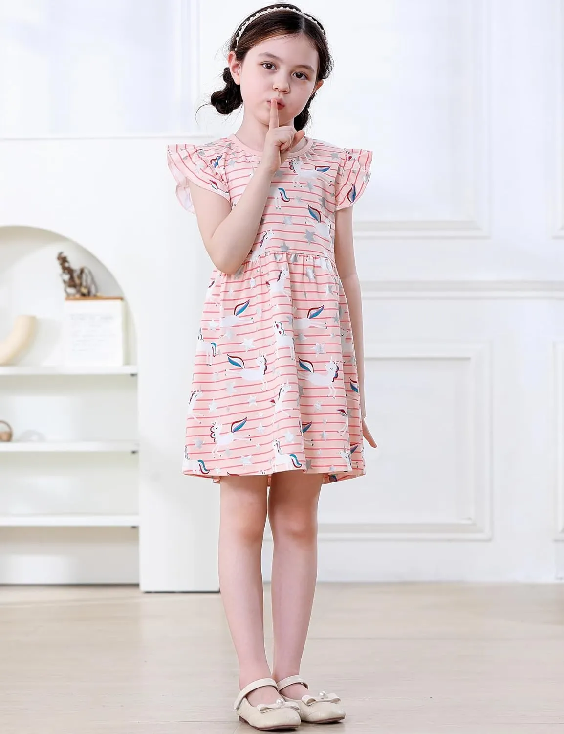 Hongshilian Toddler Girls Casual Cotton Dress Cartoon Appliques Short Sleeve Summer Playwear Dresses