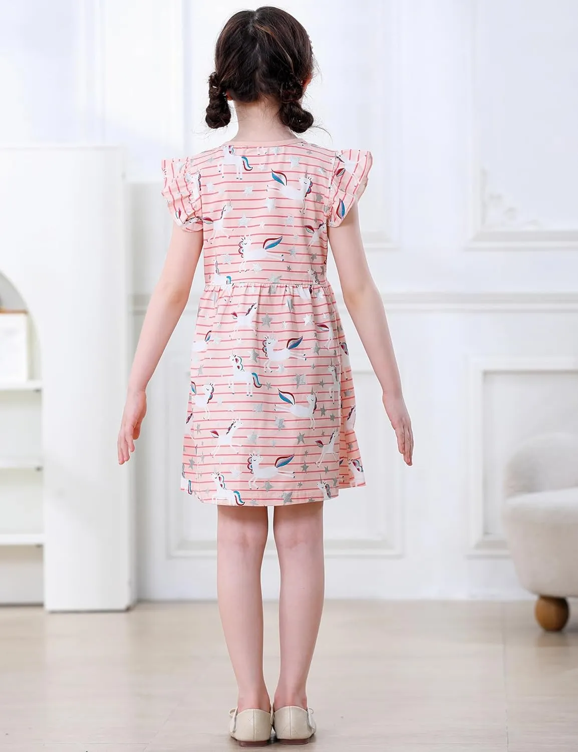 Hongshilian Toddler Girls Casual Cotton Dress Cartoon Appliques Short Sleeve Summer Playwear Dresses