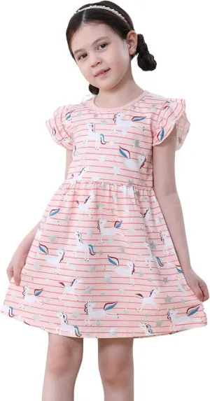 Hongshilian Toddler Girls Casual Cotton Dress Cartoon Appliques Short Sleeve Summer Playwear Dresses