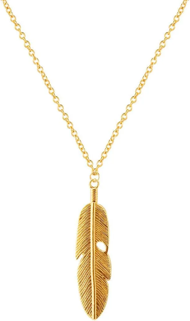 Kercisbeauty Gold Feather Pendant with Chain Necklace Long Necklace for Women Men