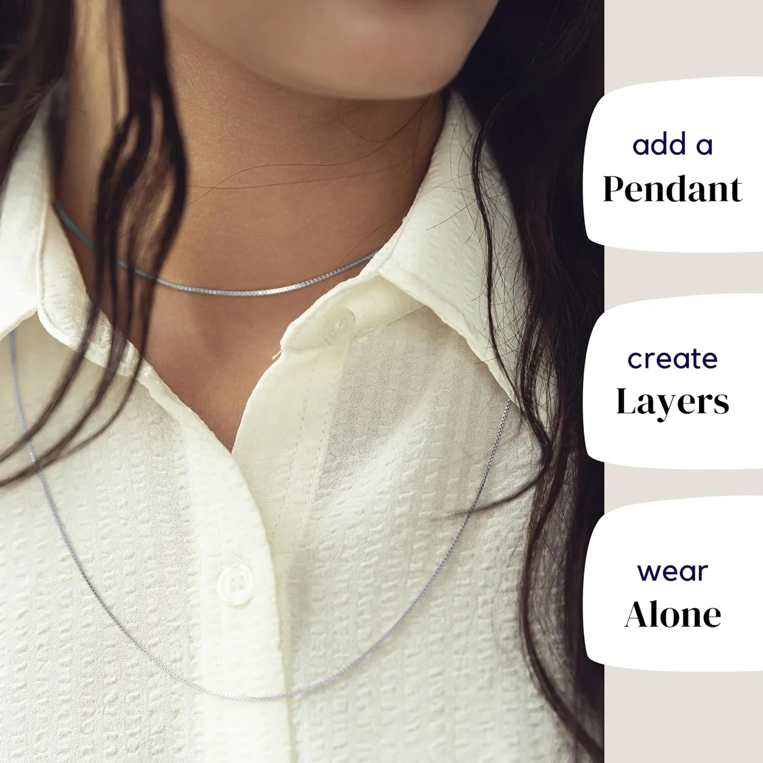 KISPER 24k White Gold Box Chain Necklace ?C Thin, Dainty, White Gold Plated Stainless Steel Chains for Women & Men with Lobster Clasp