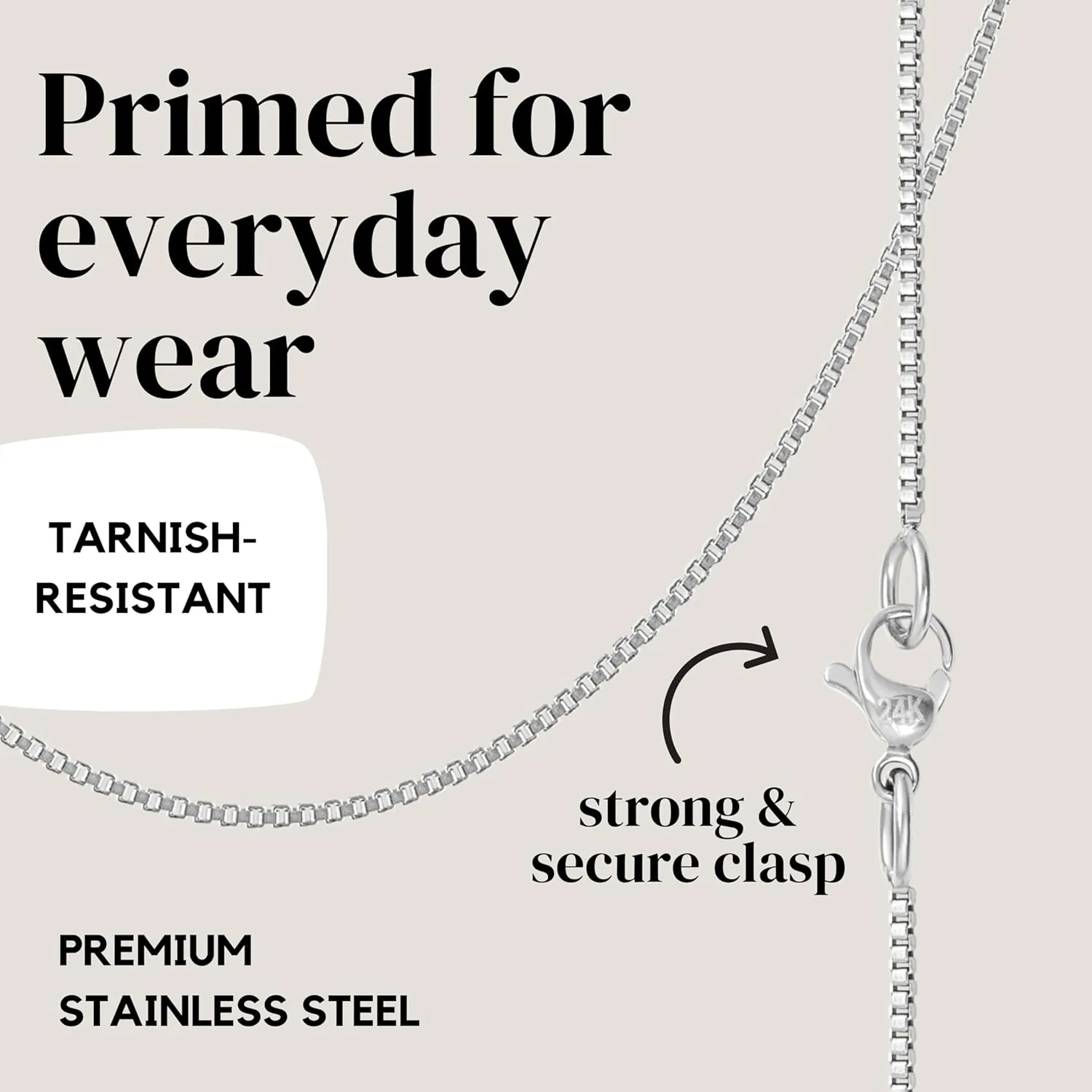 KISPER 24k White Gold Box Chain Necklace ?C Thin, Dainty, White Gold Plated Stainless Steel Chains for Women & Men with Lobster Clasp