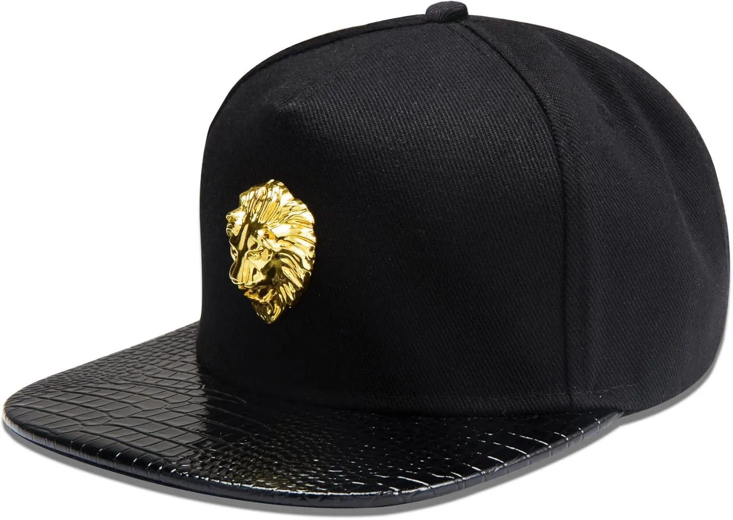 Lion Head Hip Hop Flat Brimmed Hat Men's Baseball Hat with Gold Lion Badge, Metal Badge Street Rap Men's