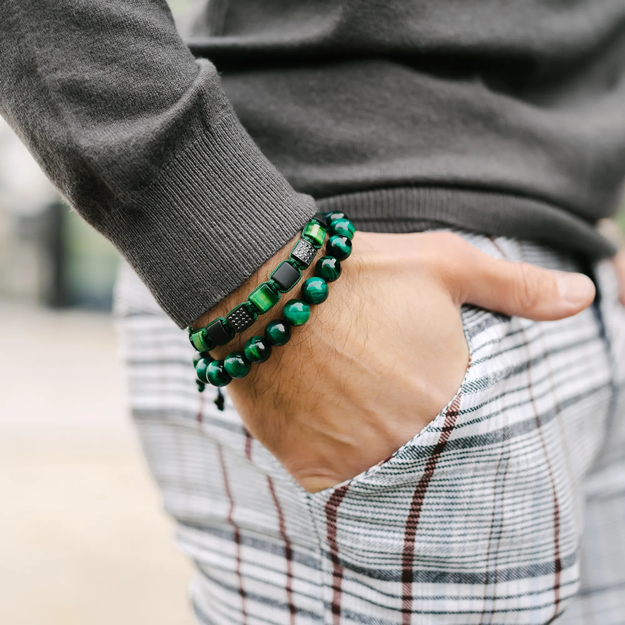 Men's GREEN TIGER EYE Beaded Bracelet