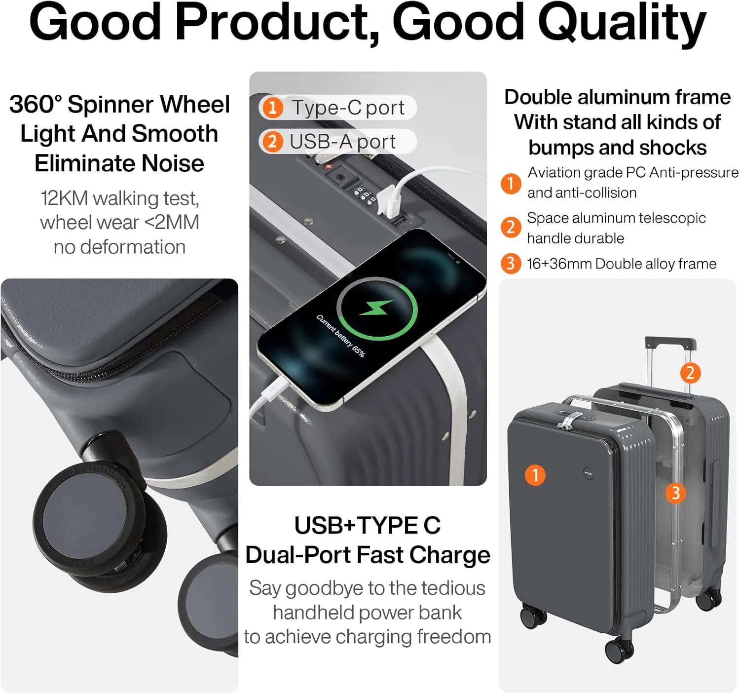 mixi Checked Luggage with Cup Phone Holder and Charger Hard Shell Suitcases with Spinner Wheels, 24 Inch Rock Gray