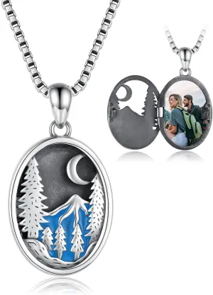 Mountain Locket Necklace For Men Women 925 Sterling Silver-Nature Pendant Jewelry Gifts For Hikers Campers Climbers Nature Lovers
