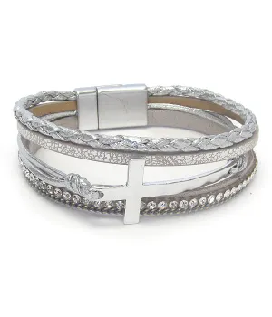 Multi Layer Leatherette Magnetic Bracelet With Cross (Silver)