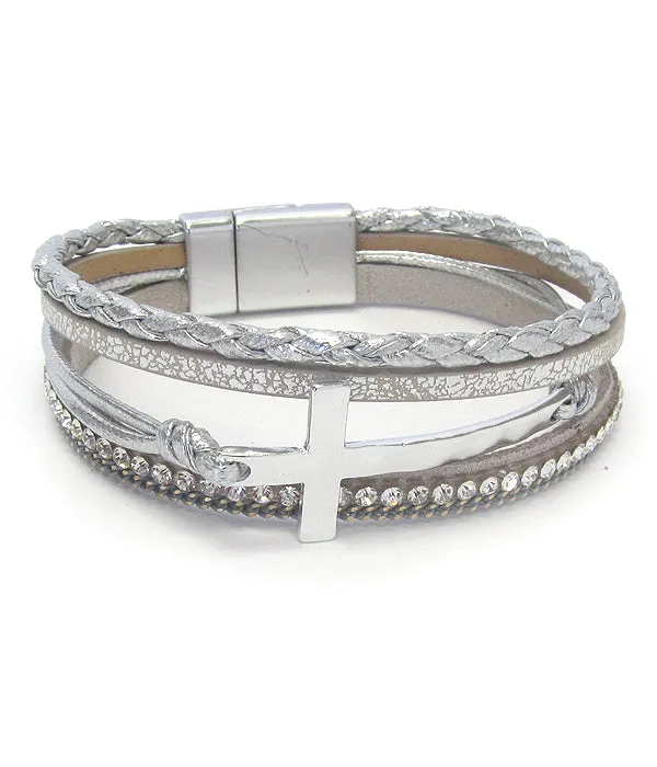 Multi Layer Leatherette Magnetic Bracelet With Cross (Silver)