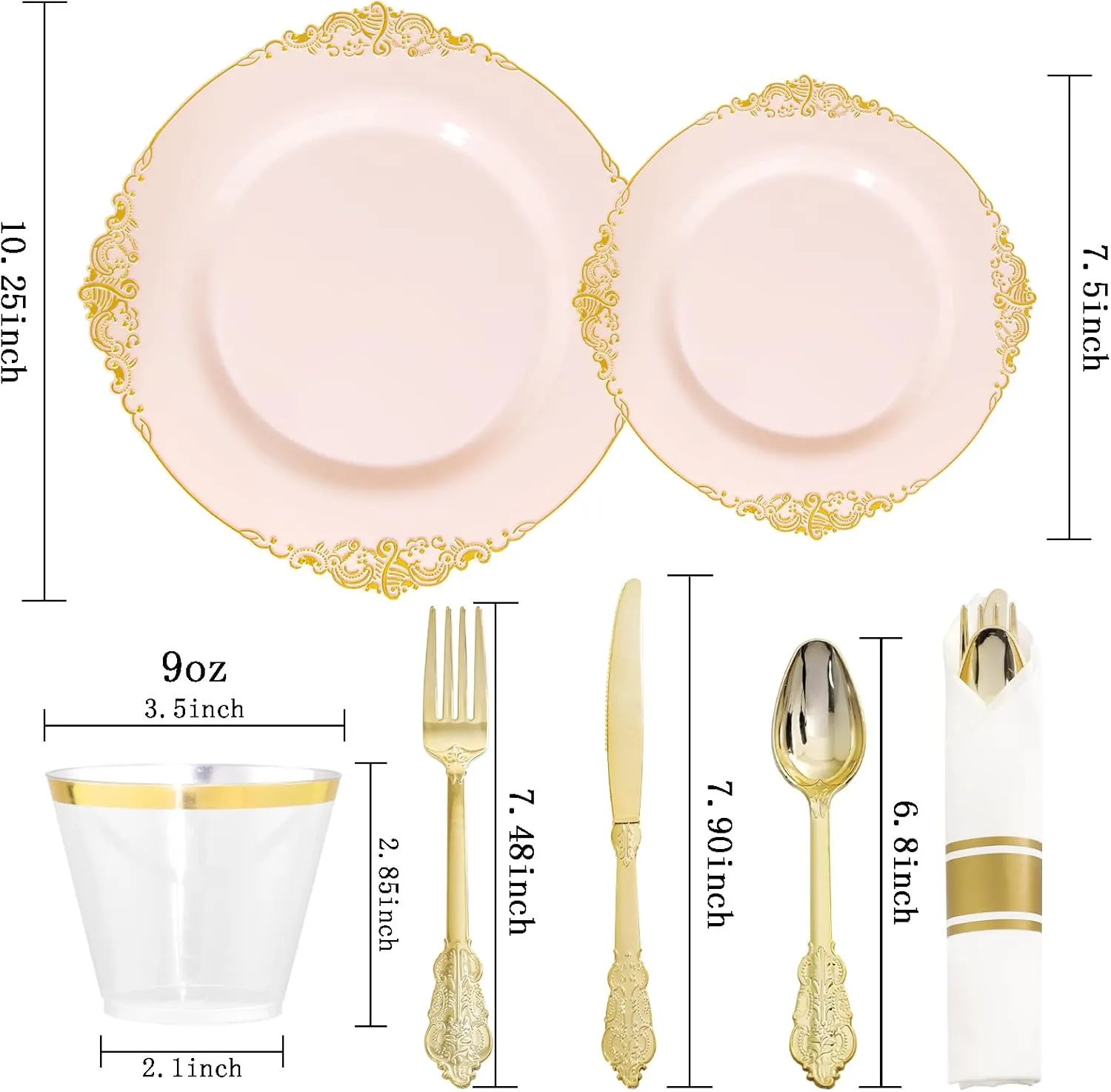 Nervure 175PCS Pink Plastic Plates - Disposable Pink Gold Party Plates & Pre Rolled Napkins with Cutlery for 25 Guests, 50Plates, 75Silverware, 25Cups, 25Napkin for Wedding & Party