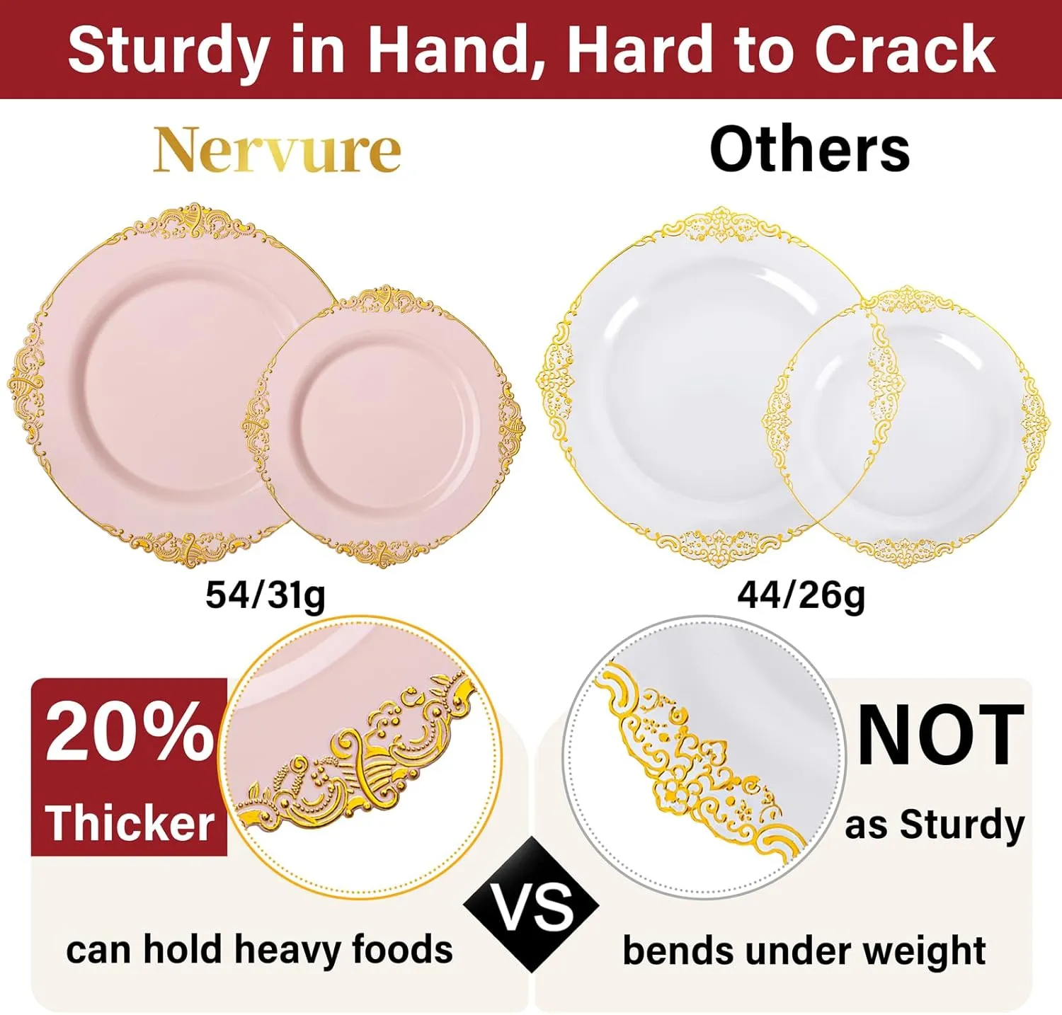 Nervure 175PCS Pink Plastic Plates - Disposable Pink Gold Party Plates & Pre Rolled Napkins with Cutlery for 25 Guests, 50Plates, 75Silverware, 25Cups, 25Napkin for Wedding & Party